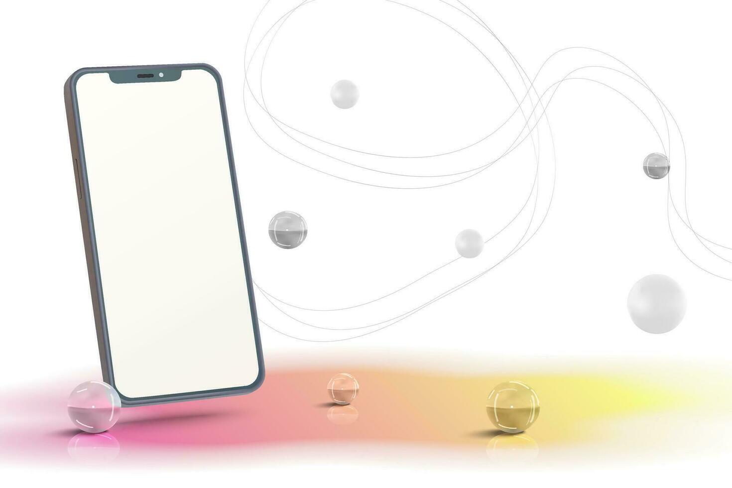 Realistic smartphone mockup scene with glass balls and gradient vector