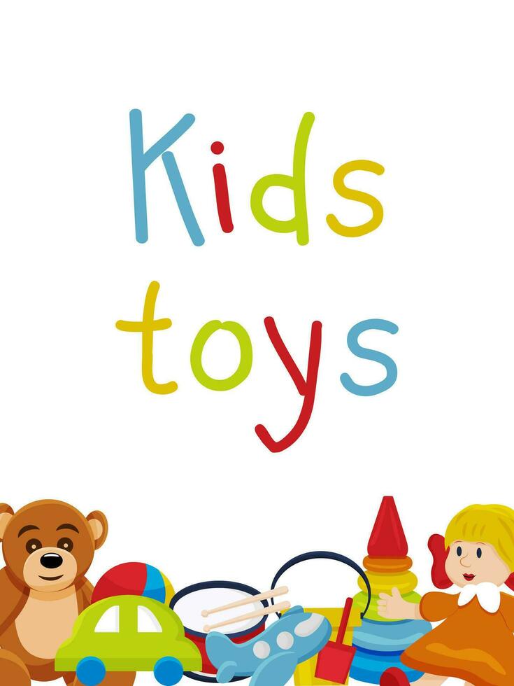 flyer template for a toy store. Vector illustration with colorful toys, car, doll.