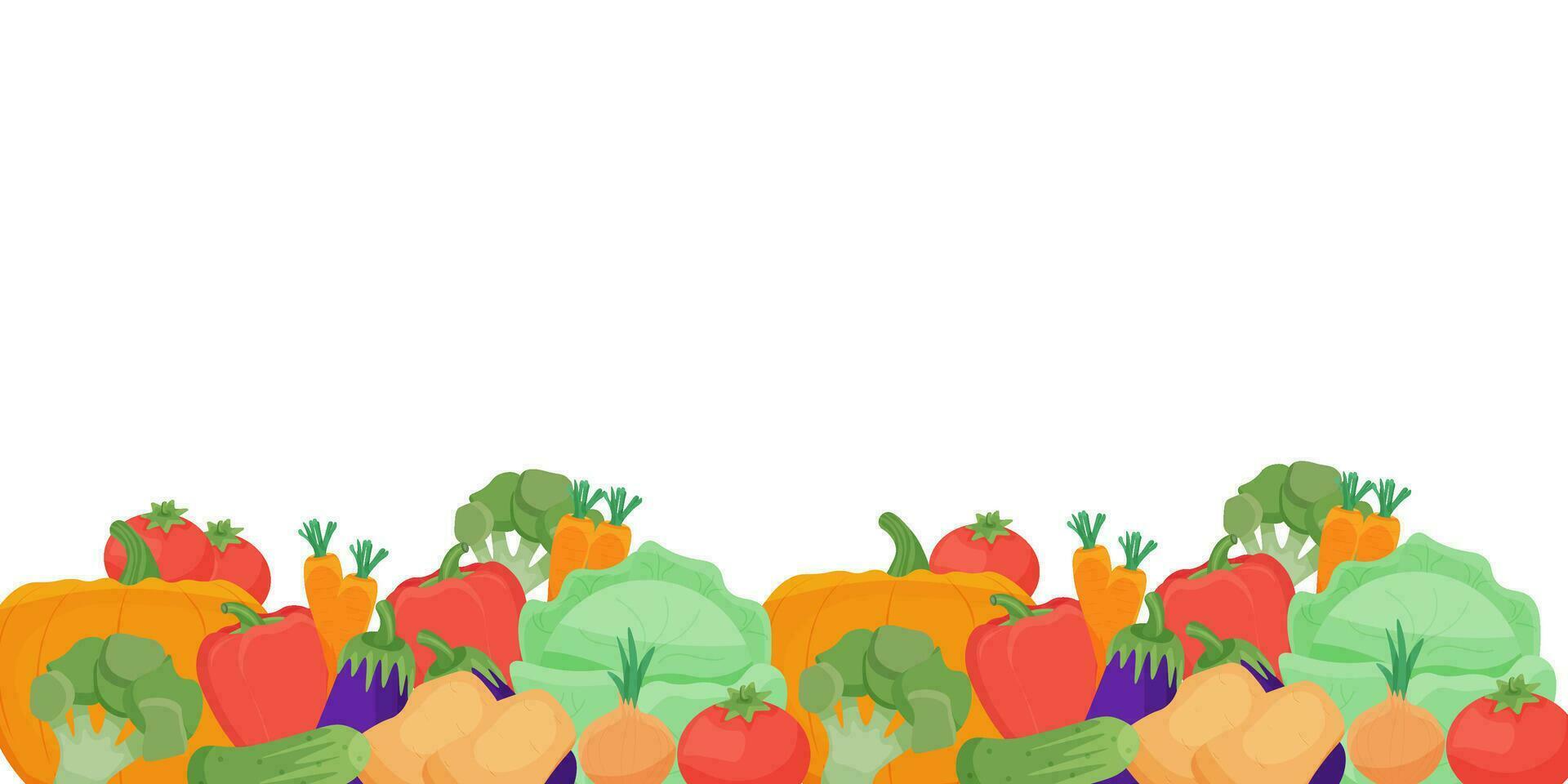 Border of fresh vegetables and herbs. Poster with healthy organic farm food. Ripe vegetables of the summer and autumn seasons. flat vector illustration. autumn harvest on a white background.