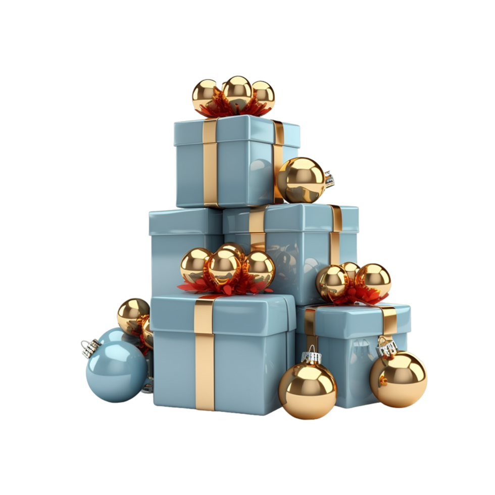 AI generated Christmas stack blue gift box with gold ornaments isolated png