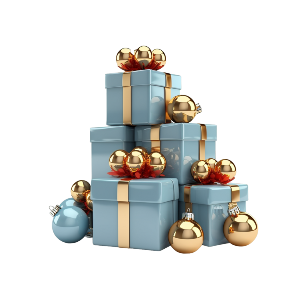 ai genererad jul stack blå gåva låda med guld ornament isolerat png