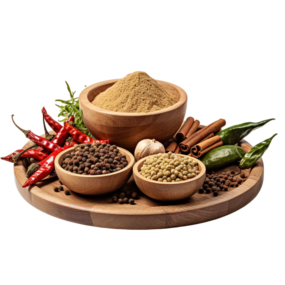 AI generated Oriental Spices and Seasonings in Wooden Dishes png