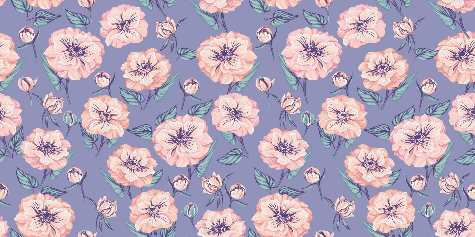 Seamless pattern with elegant spring flowers ranunculus. Globe flower vector hand drawn art. Pastel floral on the blue background. Design for fashion, fabric, wallpaper.
