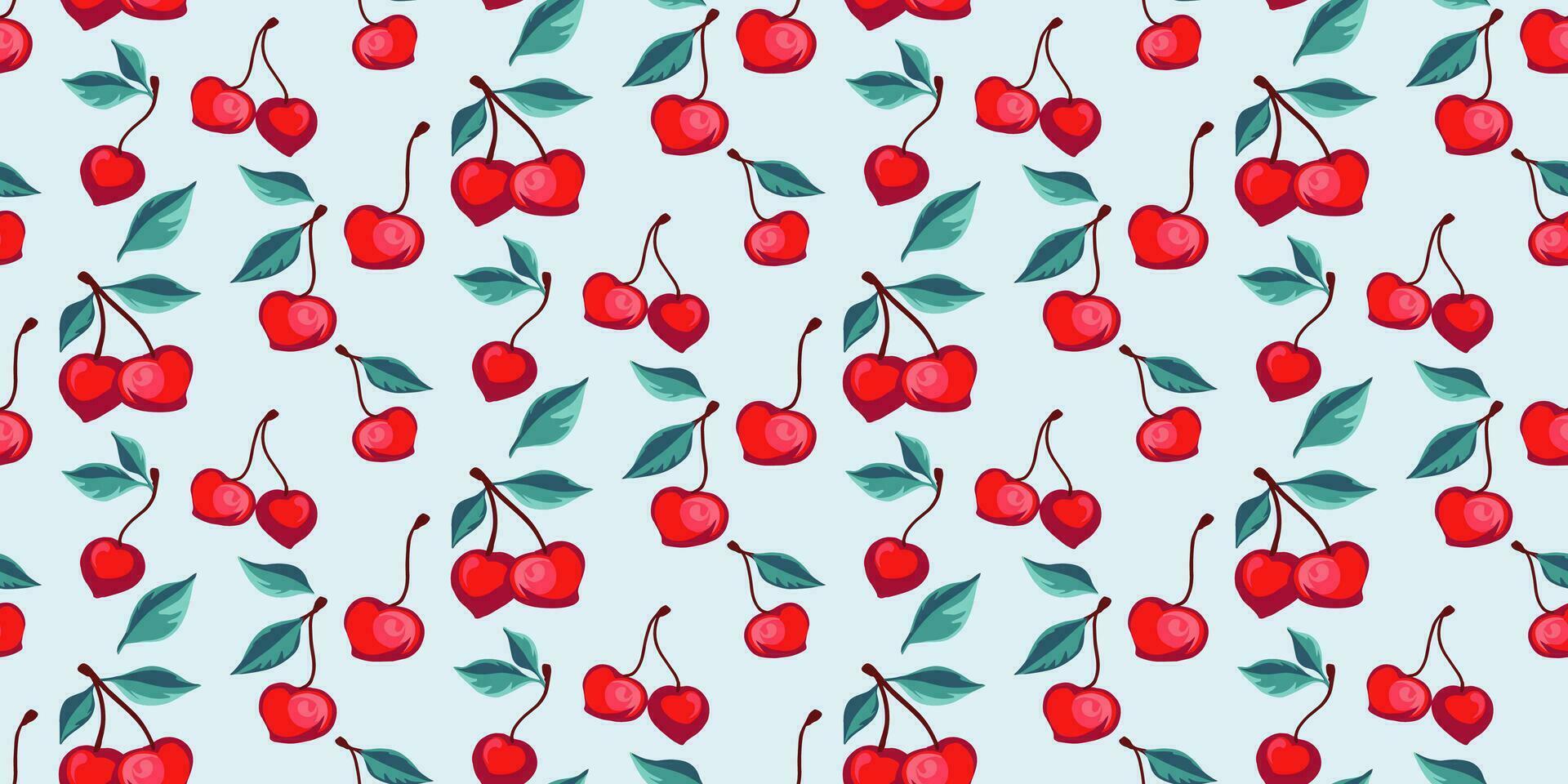 Seamless pattern with red Cherries on a light background. Summer berry, berries, leaves, background. Vector hand drawn sketch cherry.  Design ornament for paper, cover, fabric, fashion, textile
