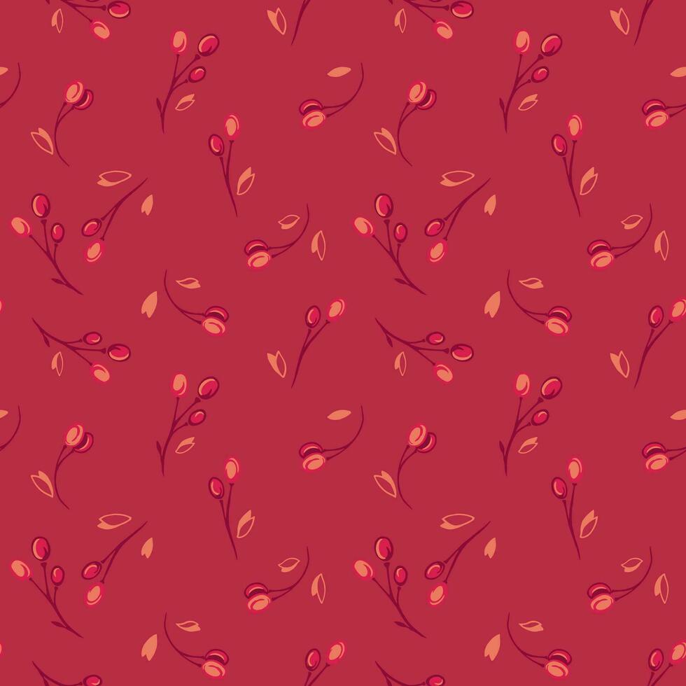 Minimalist burgundy seamless pattern with vector hand drawn tiny leaves, abstract branches, and drops, dots, spots. Template for fashion, textile, print, surface design, fabric
