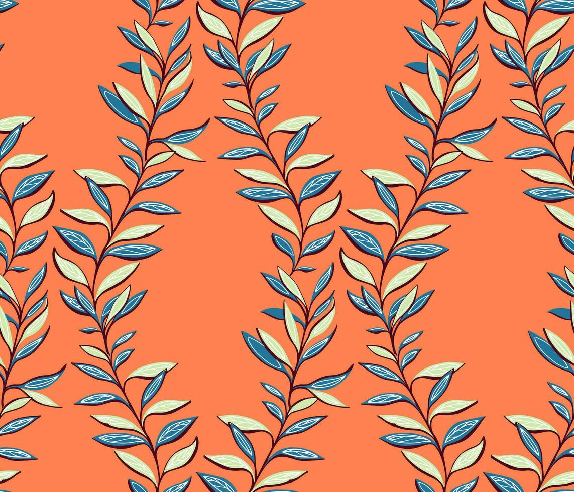 Creative seamless pattern with modern, colorful leaves.  Foliage tapestry on a orange background. Vector hand drawn. Template for textile, fashion, print, surface design, fabric