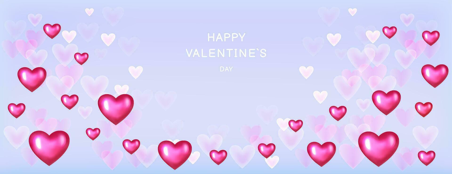 Banner happy Valentines day. Vector 3d hearts. Glowing hearts on blue background. Horizontal border with text space.  Suitable for email header, post in social networks, advertising