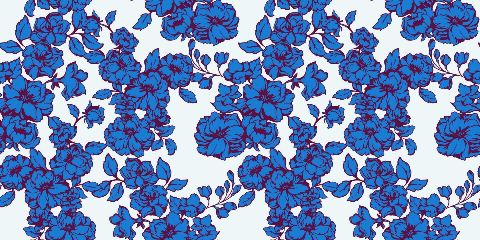 Vector stylized blooming flowers stem intertwined in a seamless pattern on a light background. Bright texture blue shape floral branches. Vector hand drawn sketch.