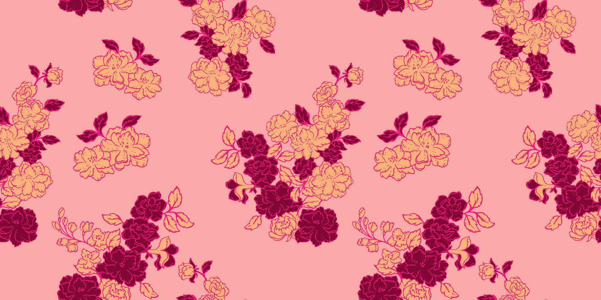 Seamless pattern with creative bouquets of flowers with leaves. Stylized floral beige mood. Vector hand drawn sketch. Template for textile, fashion, print, surface design, paper, cover, fabric