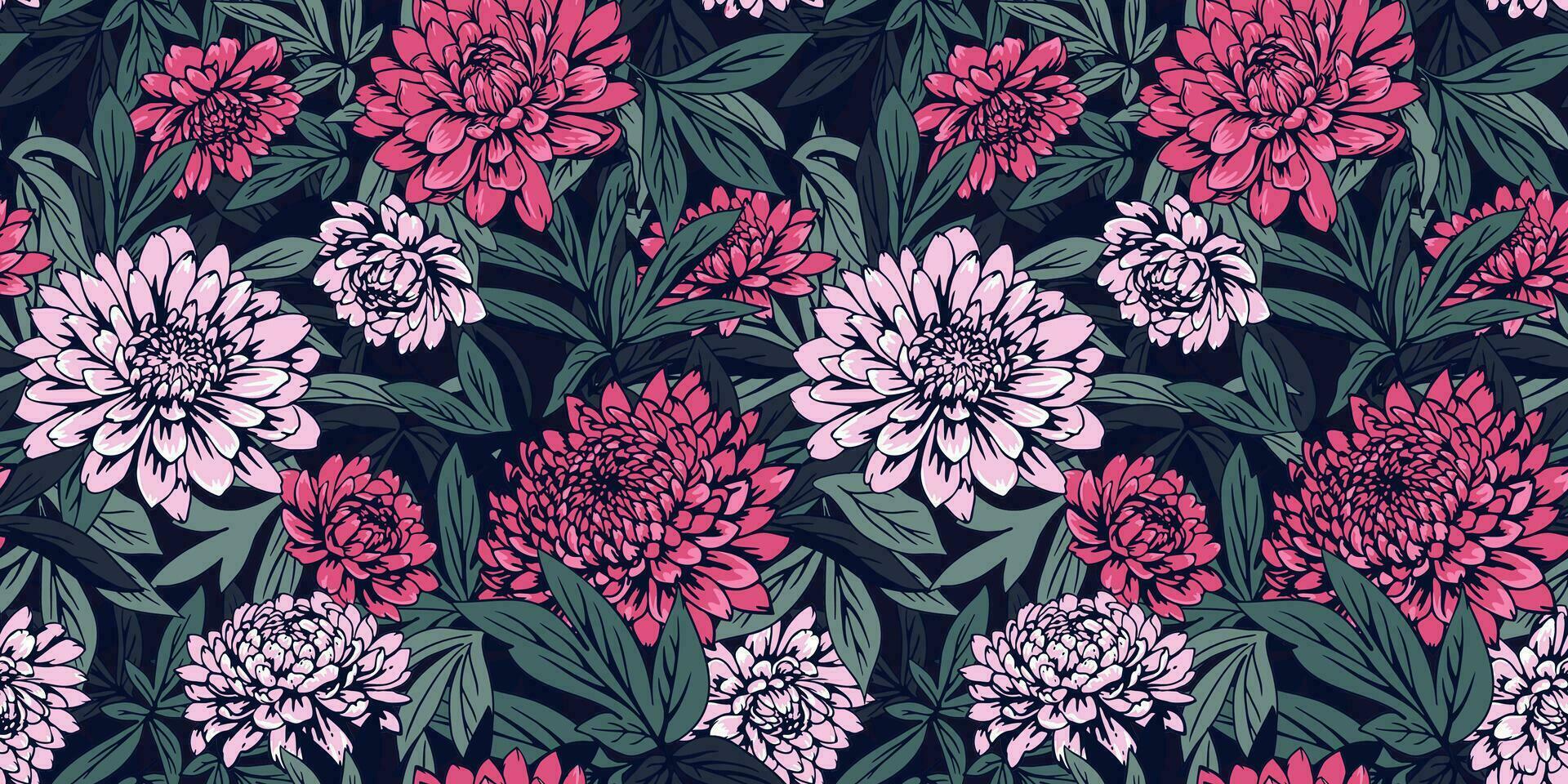 Ornate beautiful blooming flowers and leaves intertwined in seamless pattern. Vector hand drawn abstract artistic dahlias, peonies, large leaves stem print. Template for design, fabric, fashion
