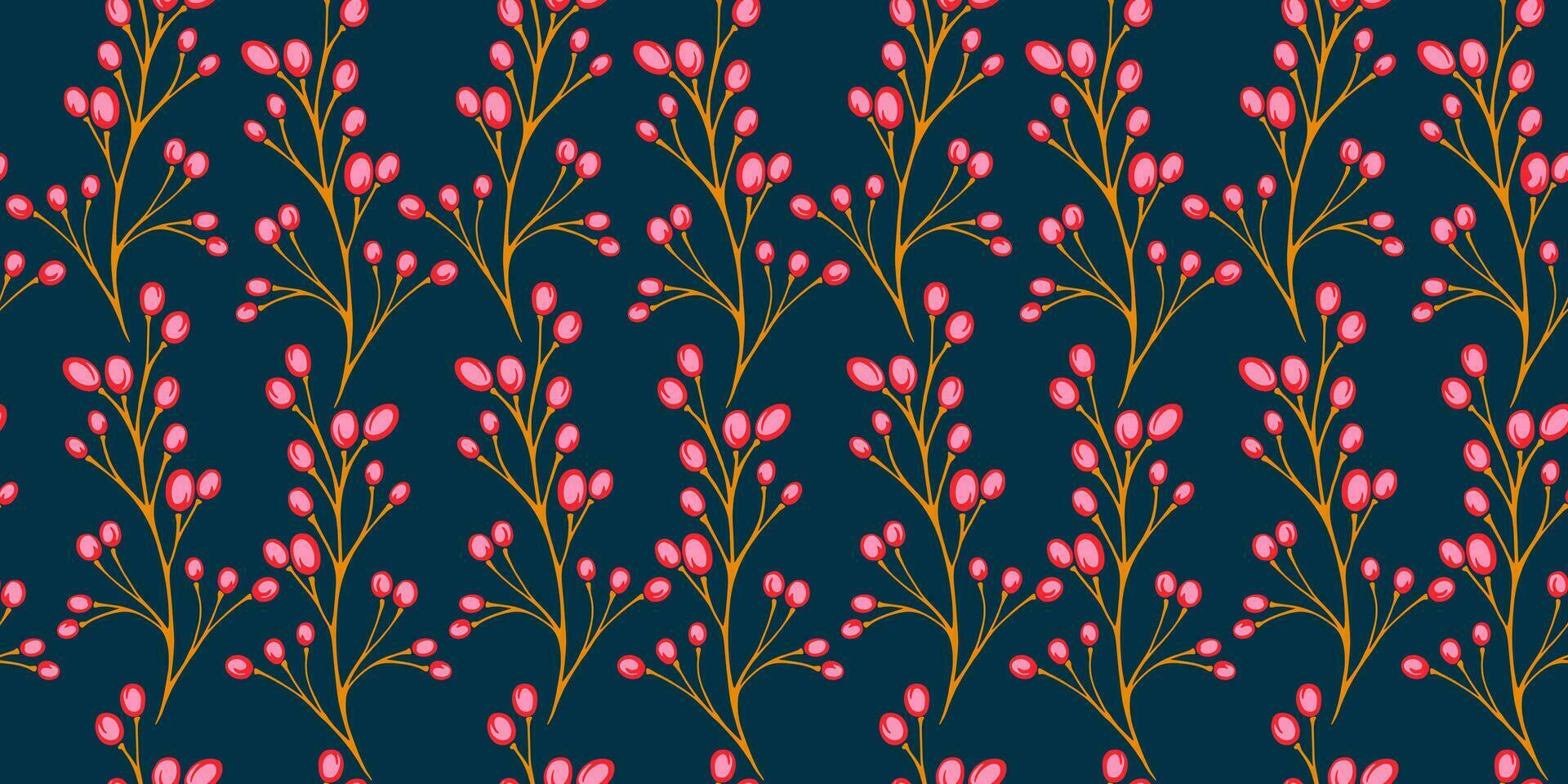 Colorful stylized branches berries intertwined in a seamless pattern on a dark grey background.  Vector hand draw branch with drops, dots, spots print. Template for textile, fashion, print