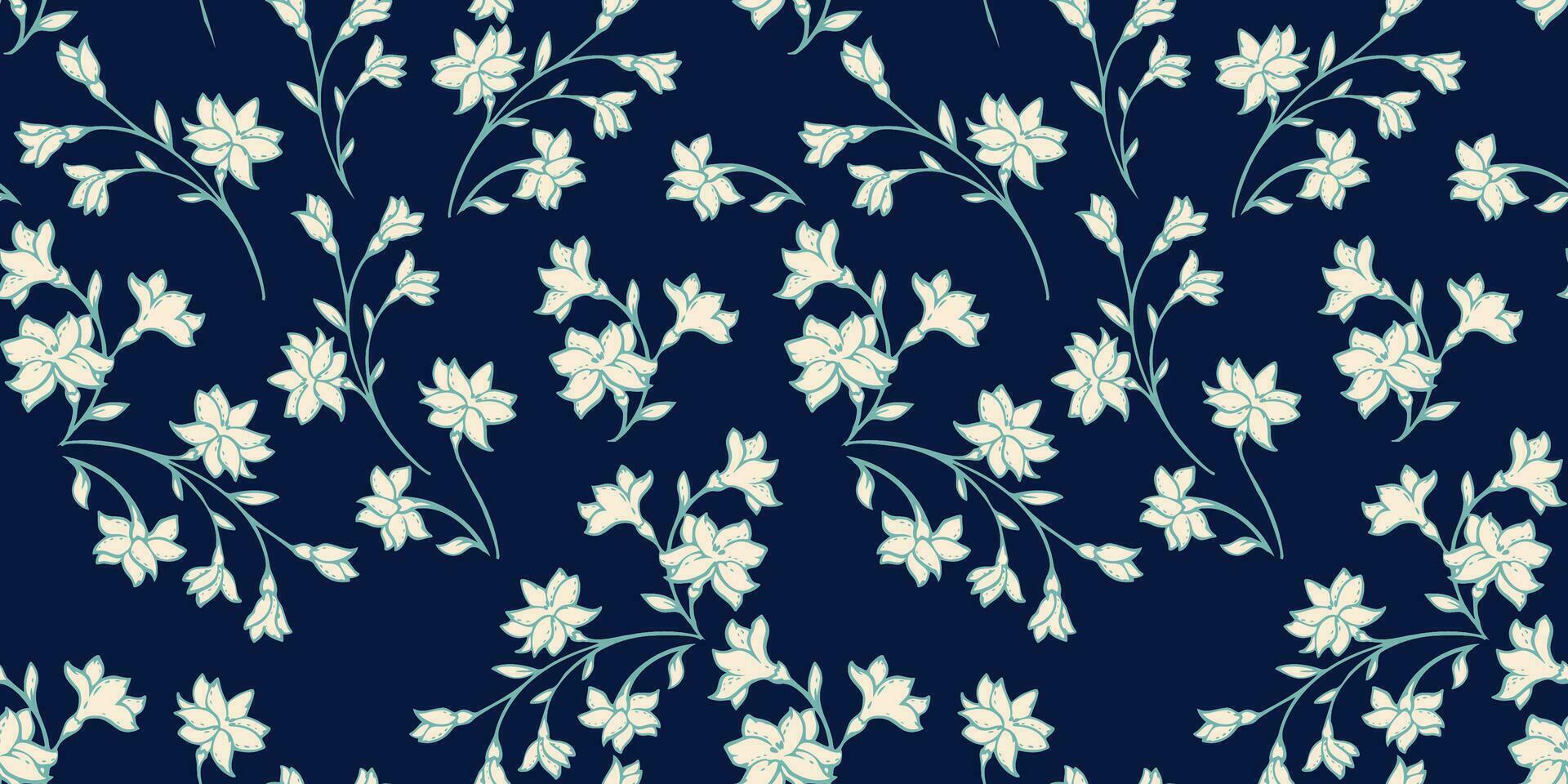 Gentle wild branches with tiny flowers seamless pattern. Vector hand drawn sketch. Simple floral silhouettes on a dark blue background. Template for design, fashion, print