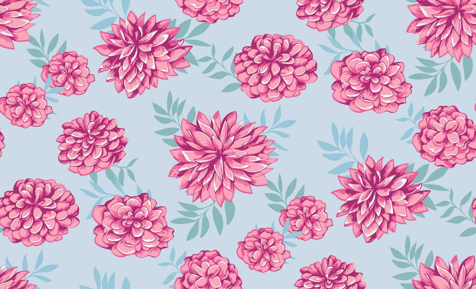 Seamless pattern with abstract, feminine, gently, peonies flowers with leaves. Vector hand drawn sketch. Ditsy bright floral print on a blue background. Template for design