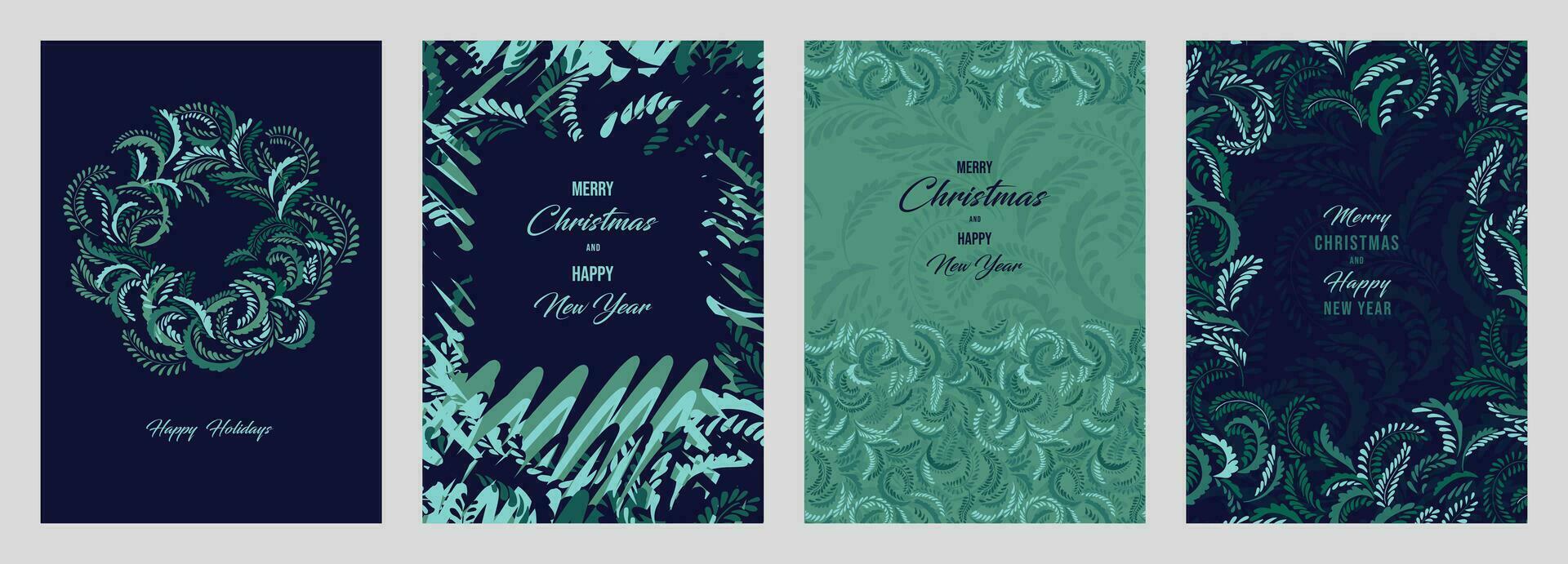Set greeting cards Xmas, Happy New Year with vector hand drawn frame floral background. Winter Holidays template with copy space. Illustration of printing, corporate invitation, sale.