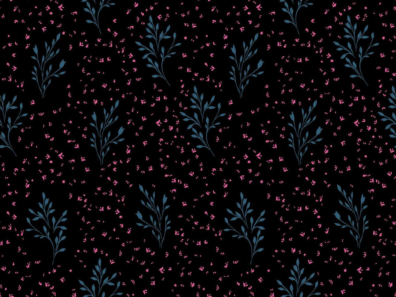 Dark, minimalist, abstract, gently pattern. Light flat branches and pink  drops, dots, spots background.  Vector hand drawn sketch.