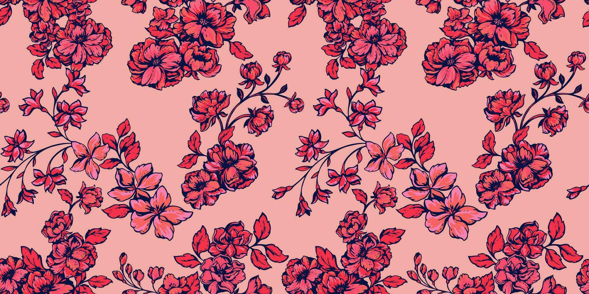 Seamless beautiful flowers pattern in a many kinds. Vector hand drawn blooming floral on a beige background. Red, orange, ruddy flowers fashion print.