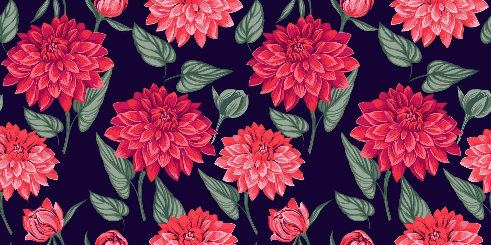 Seamless pattern flowers dahlias with leaves. Red, abstract, artistic, feminine, cute, gently floral on the dark  background. Vector hand drawn ditsy flowers.