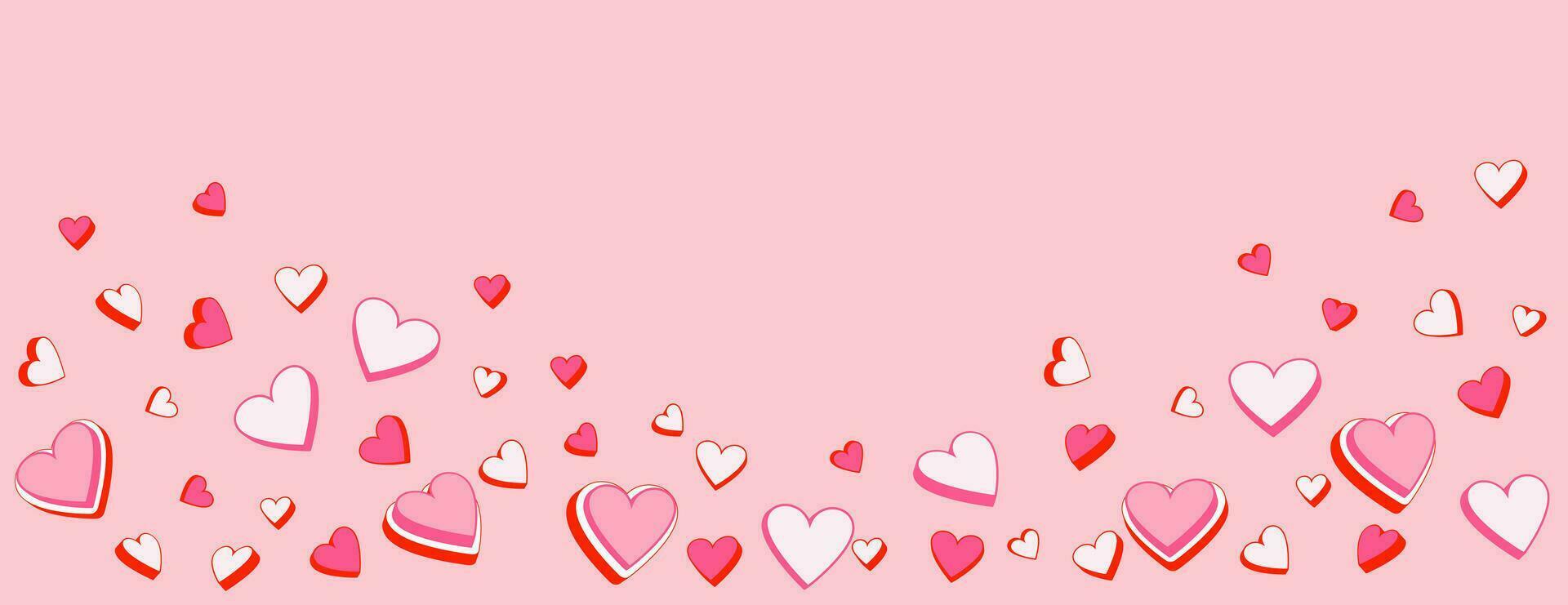 Background with pink hearts. Set of vector illustration cute hearts. Cartoon hearts. Horizontal  border with copy space. Suitable for email header, post in social networks, advertising, events