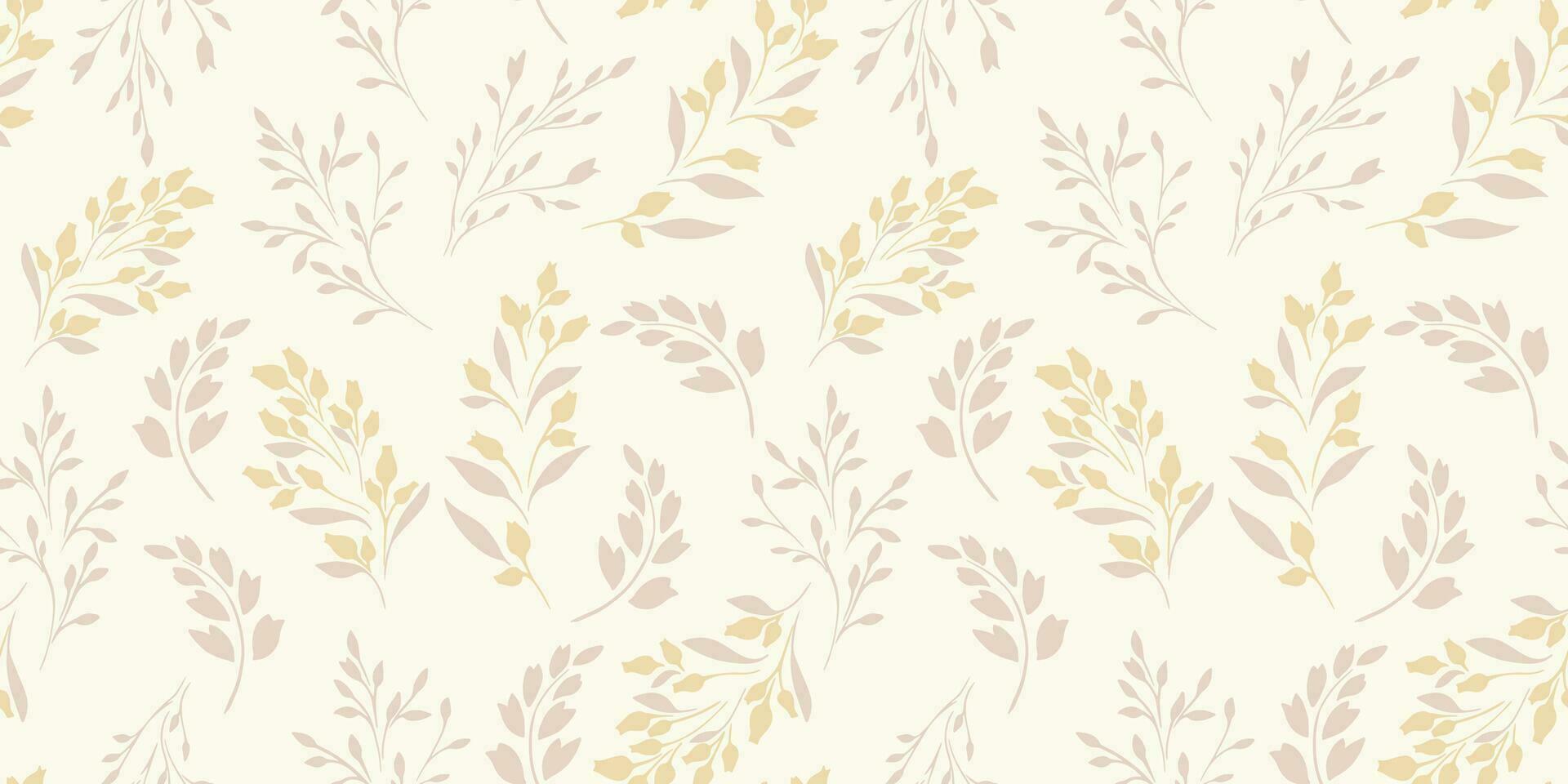 sencillo sin costura modelo con forma minúsculo ramas hojas, brotes con gotas. pastel suavemente beige floral impresión. vector mano dibujado bosquejo. diseño para moda, tela, fondo de pantalla.