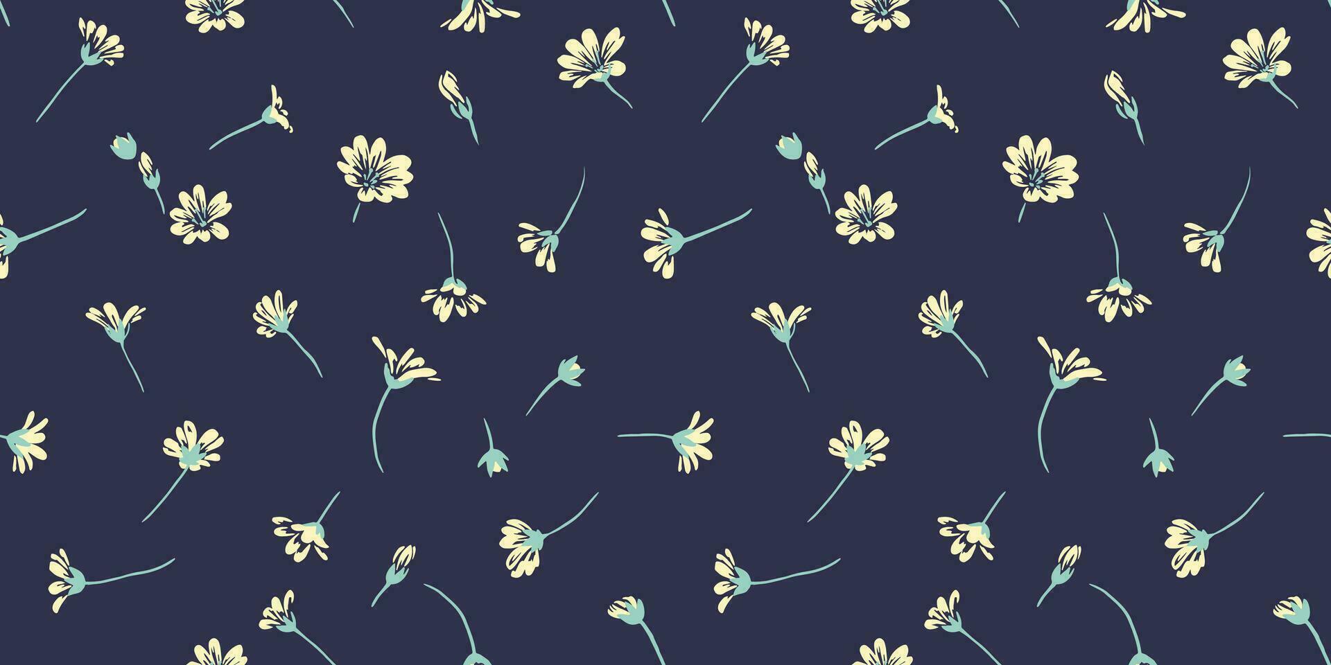 Seamless simple, gently tiny branches buds flowers pattern. Vector hand drawn sketch. Floral brush print on a dark background. Design for fashion, fabric, wallpaper.
