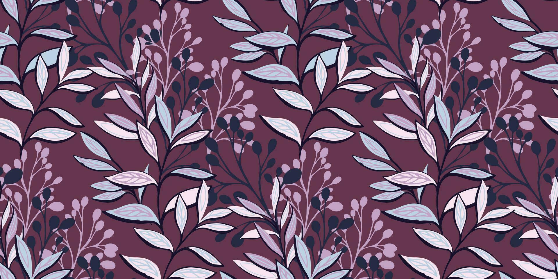 Modern, ornate, leaves branches seamless pattern. Vector hand drawn. Creative leaf stem on a burgundy back print. Design for fashion, fabric, wallpaper.