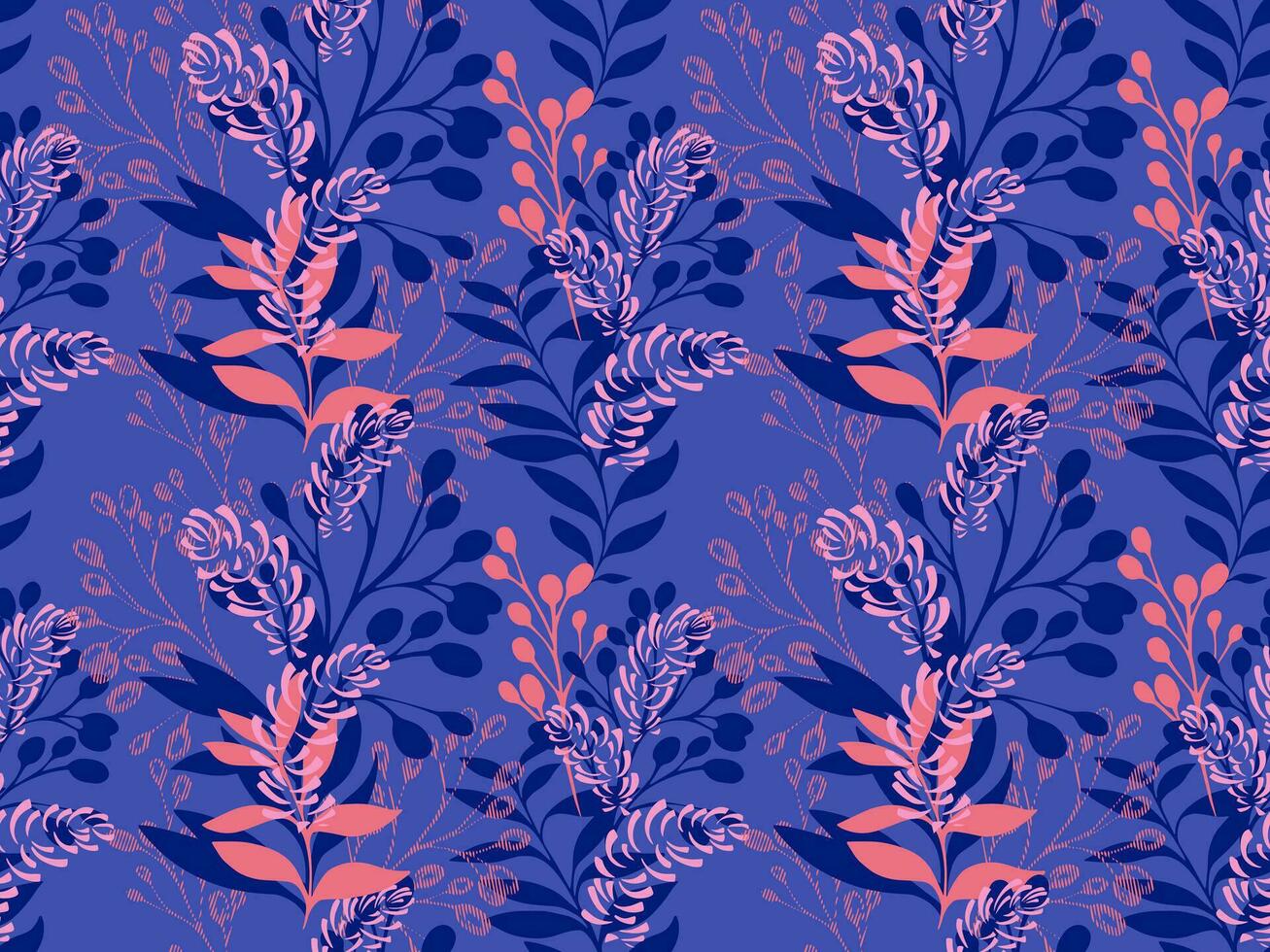 Colorful seamless pattern with artistic shapes of branches leaf stems. Creative bright silhouettes of leaves on a blue print on the background. Vector hand drawn sketch. Design for fashion, fabric