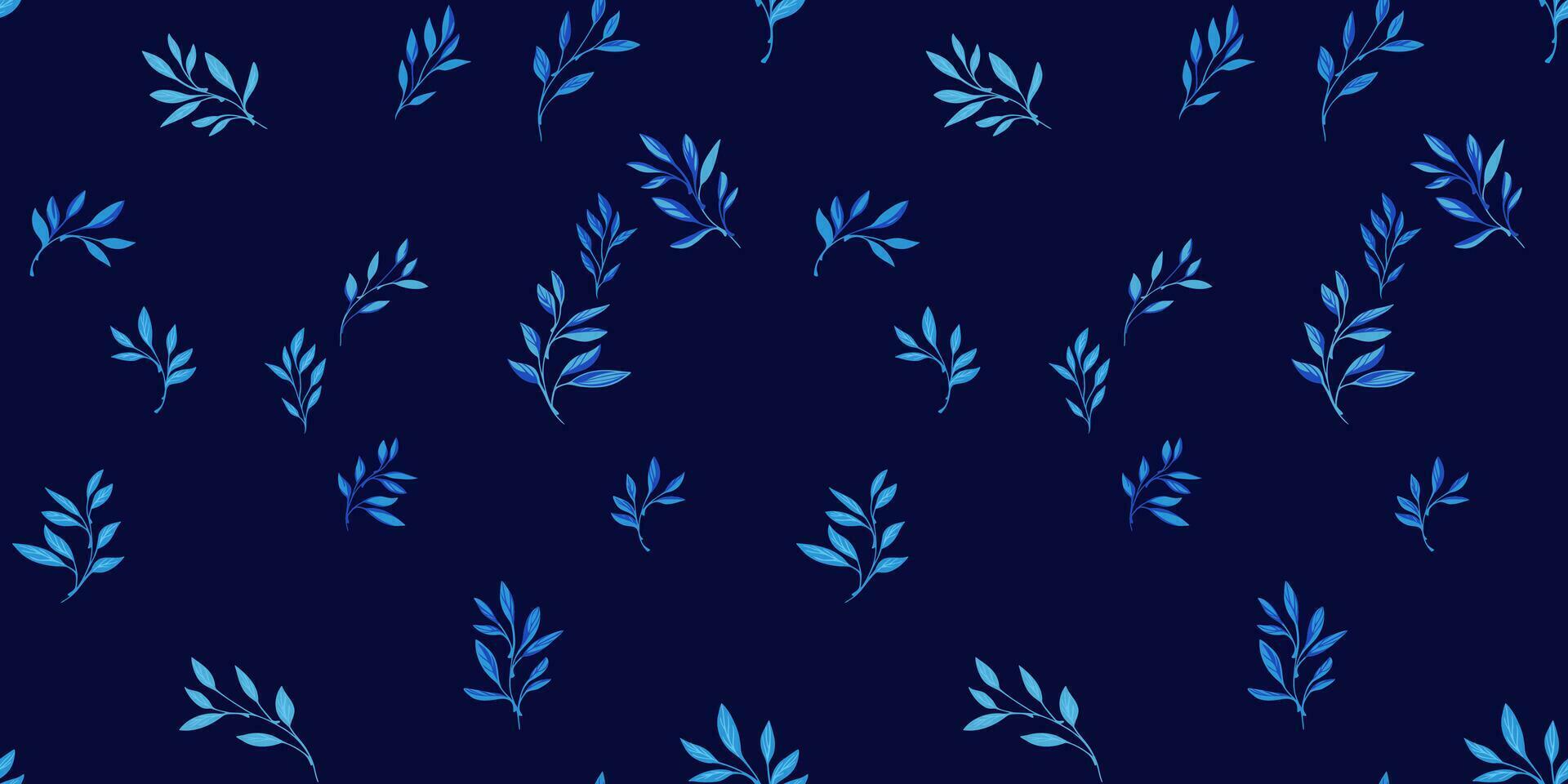 The trendy leaves pattern is randomly scattered. Tiny blue foliage on a dark blue  background. Vector hand drawn. Template for design, fabric, fashion, wallpaper