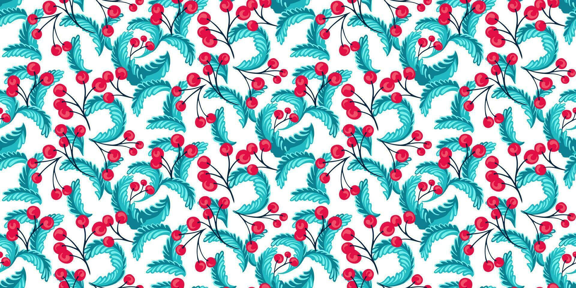Colorful, abstract, artistic branches and berries intertwined in a seamless pattern.  Vector hand drawn. Template for design, fashion, fabric, wallpaper
