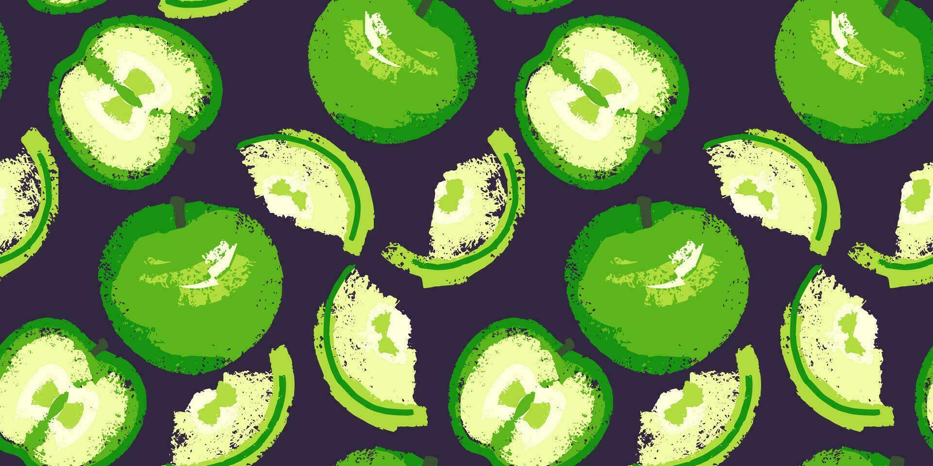 Creative seamless pattern with apples and apple slices. Stylized vector hand drawn sketch fruits. Summer fruits background. Apples brush texture print.