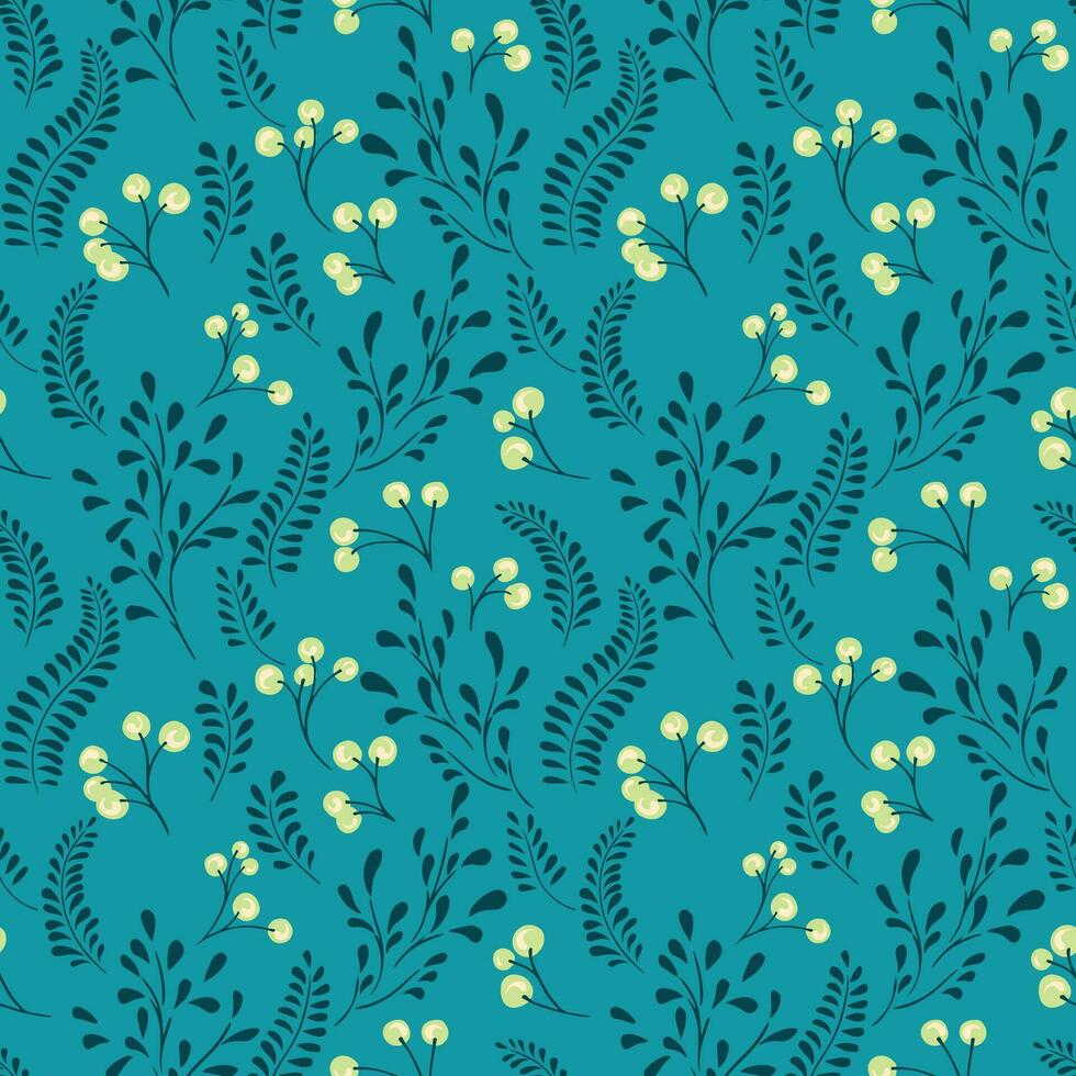 Abstract, simple, minimalistic seamless pattern with branches berries on a turquoise background. Botanical illustration. Vector hand drawn sketch. Template for design