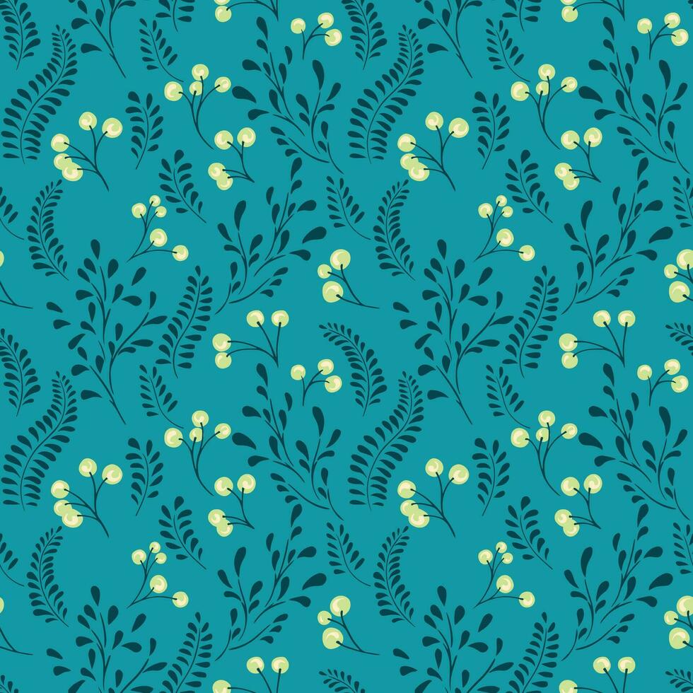 Abstract, simple, minimalistic seamless pattern with branches berries on a turquoise background. Botanical illustration. Vector hand drawn sketch. Template for design