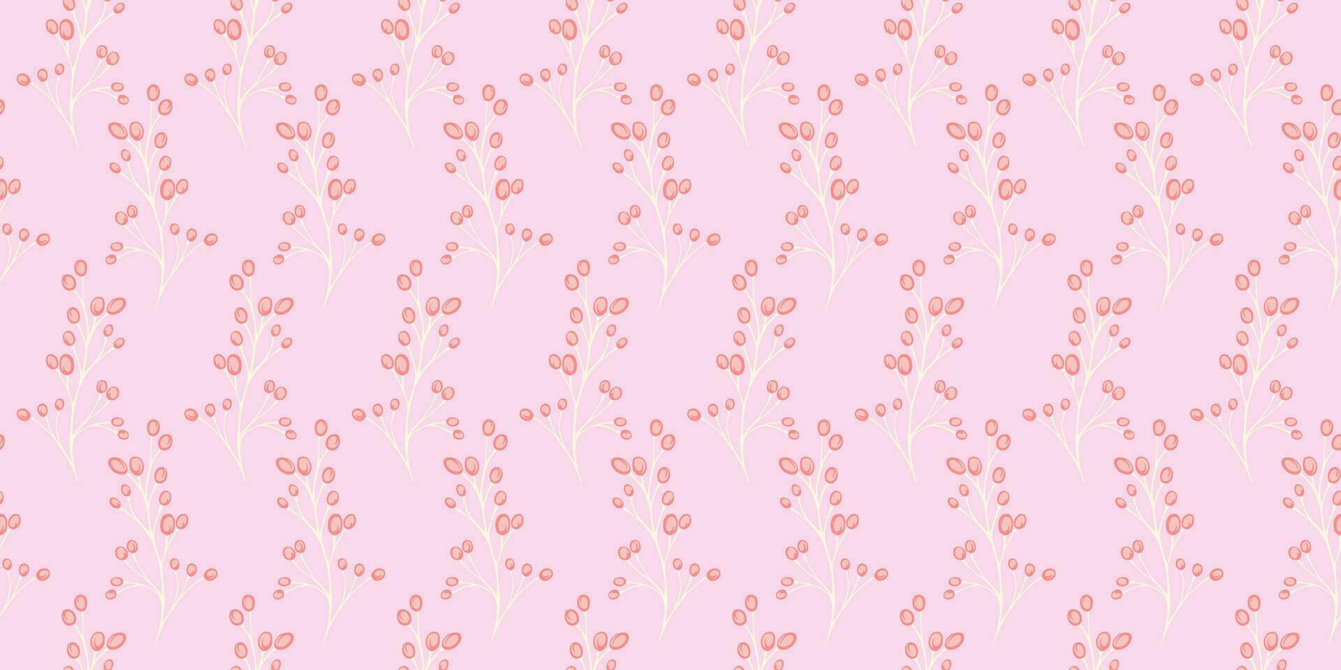 Pastel pink feminine berries branches with drops, dots, seamless pattern. Vector hand draw sketch. Simple, gently, cute, background print. Design for fashion, fabric, wallpaper.