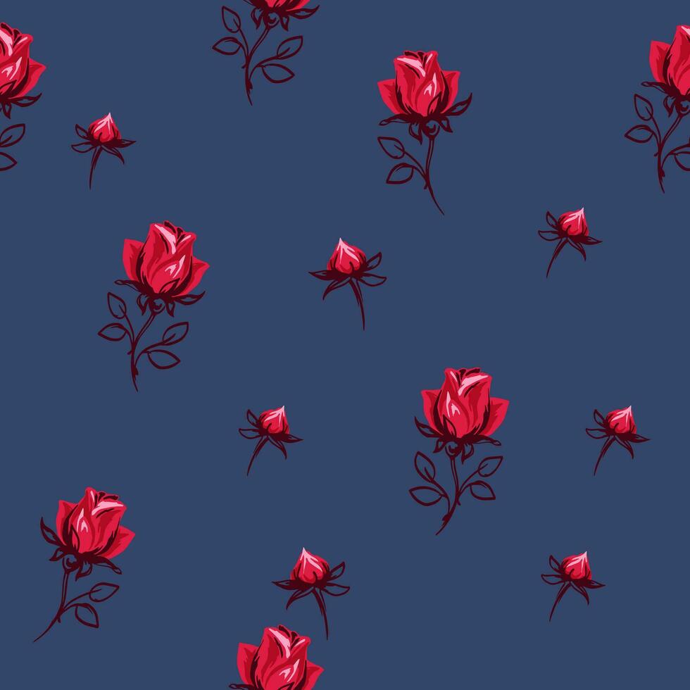 Seamless pattern with vector hand drawn rose. Red, cute rosy on a black blue background. Template for textile, fashion, print, surface design, paper, cover, fabric
