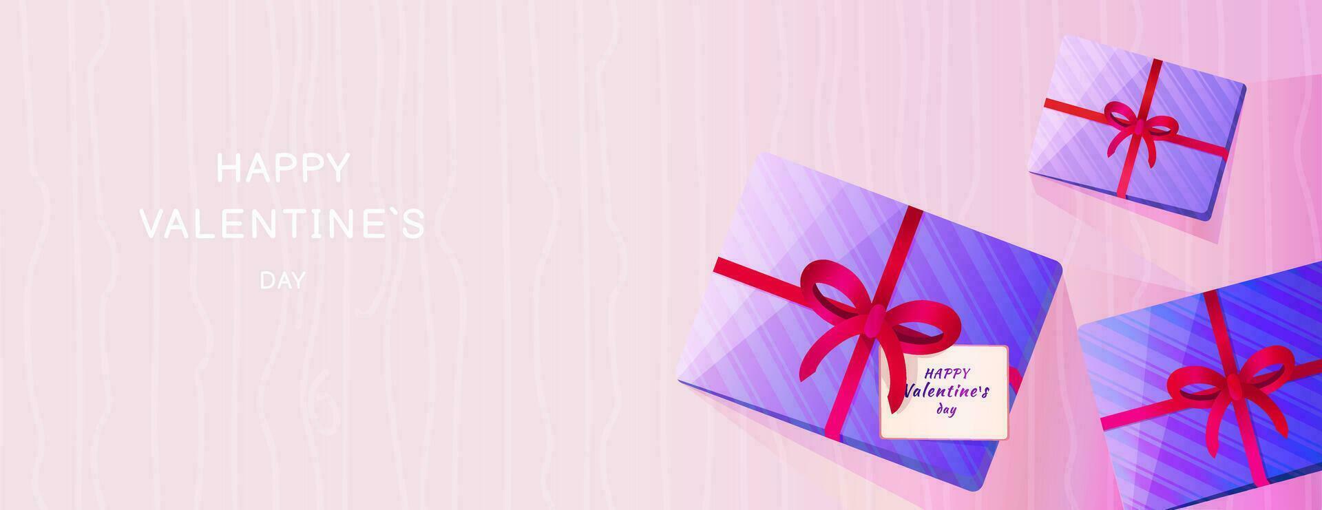 Shine banner happy Valentines day. Horizontal border with copy space. Vector illustration  bright cute gift box on the pink background. Suitable for email header, post in social networks, advertising