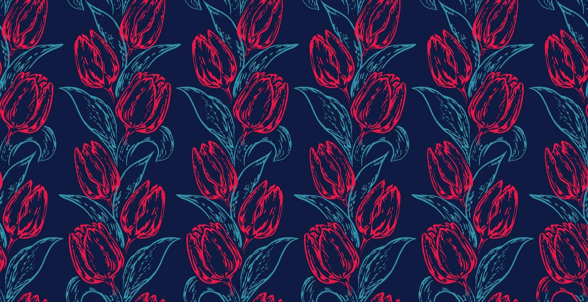 vector mano dibujado tulipanes entrelazados en un sin costura modelo en un negro azul antecedentes. sencillo flores impresión. modelo para diseño, moda, tela, interior decoración, textil, fondo de pantalla, superficie diseño.