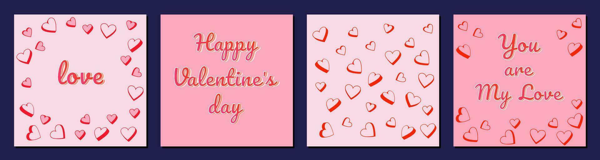 Poster Happy Valentines Day. Lettering you are my love. Set of festive vector templates with hearts. Vector illustrations of printing, corporate invitation, greeting cards.