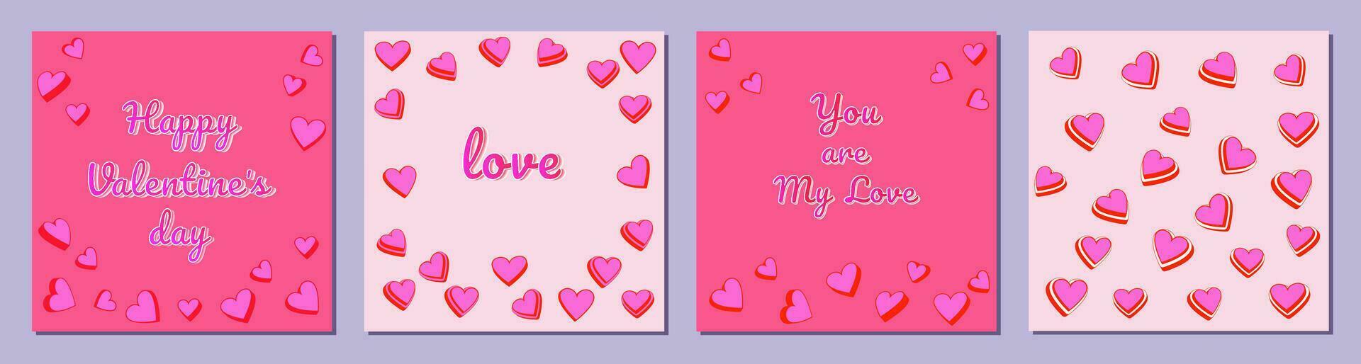 Set poster Happy Valentines Day. Lettering you are my love. Set of festive vector templates with cartoon hearts. Universal unique cute design. Graphics of post banner, print, flayer, sale, decorative