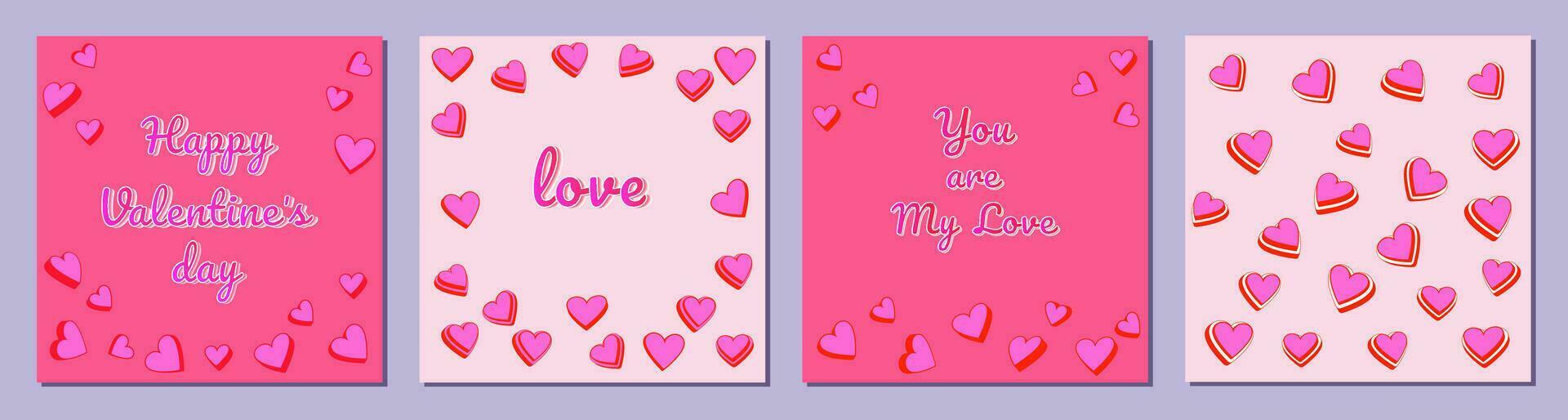 Set poster Happy Valentines Day. Lettering you are my love. Set of festive vector templates with cartoon hearts. Universal unique cute design. Graphics of post banner, print, flayer, sale, decorative