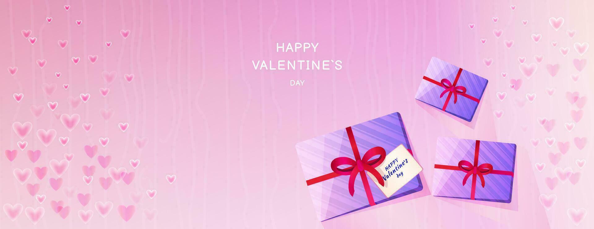 Bright banner happy Valentines day. Horizontal border with copy space. Vector illustration stylized shine, smooth, smoke hearts, cute gift box on the pink background. Suitable for email header, post