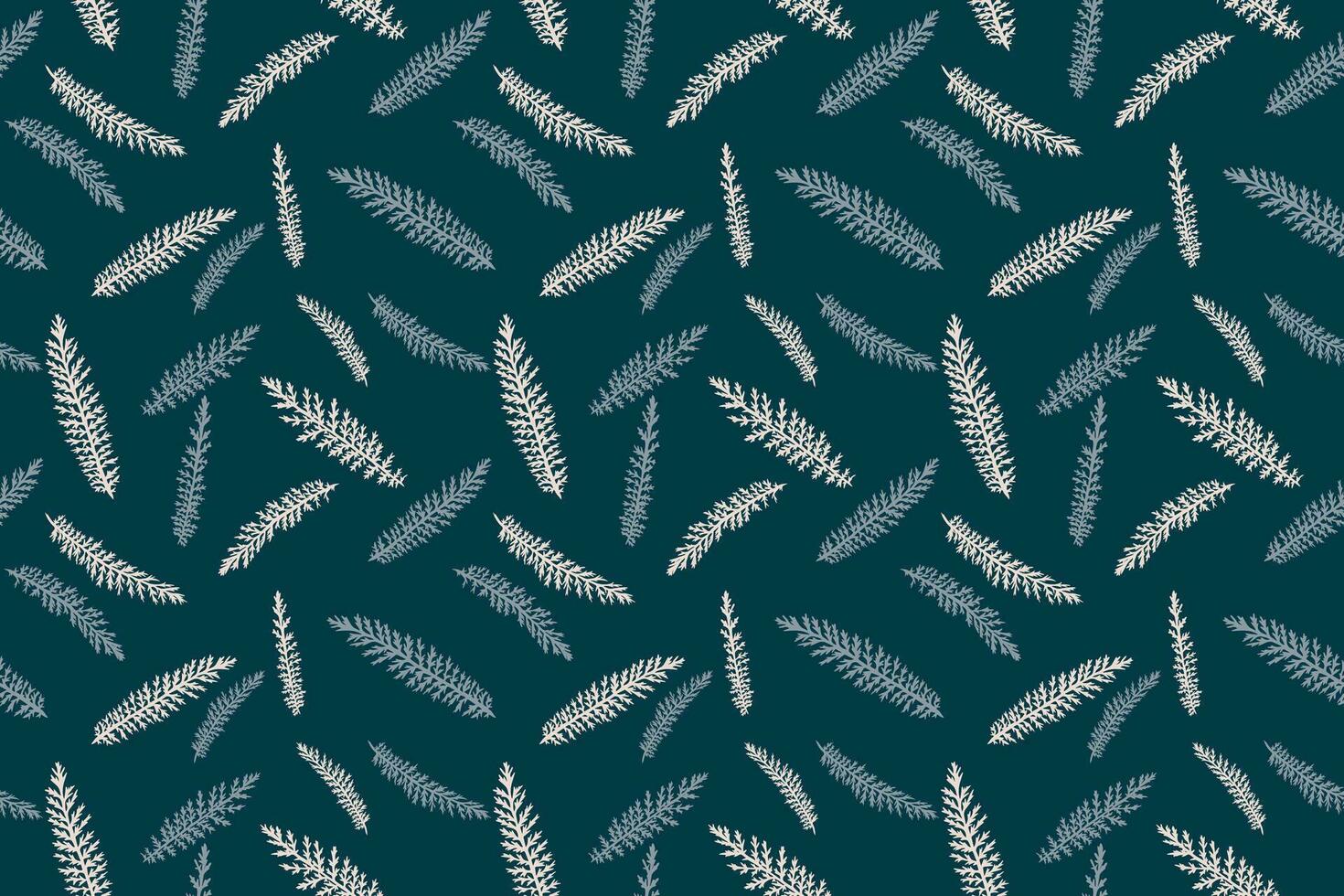 Seamless pattern with vector hand drawn decorative minimalistic branches leaves. Abstract  gently branches on the dark green background.