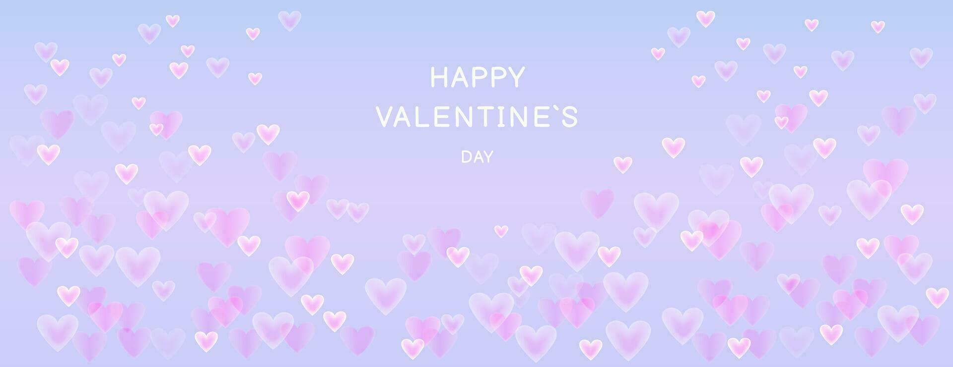 Banner happy Valentines day. Vector illustration glowing, smooth, smoke  hearts on a blue background. Horizontal border with copy space. Suitable for email header, post in social networks, advertising