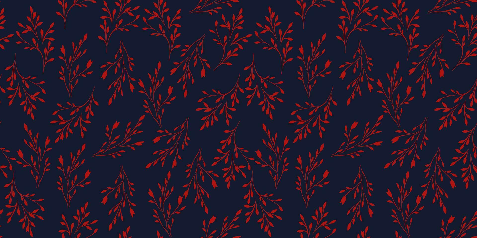 Seamless shape tiny red branches leaves pattern on a dark blue background. Vector hand drawn sketch flat branches. Design for fashion, fabric, wallpaper.