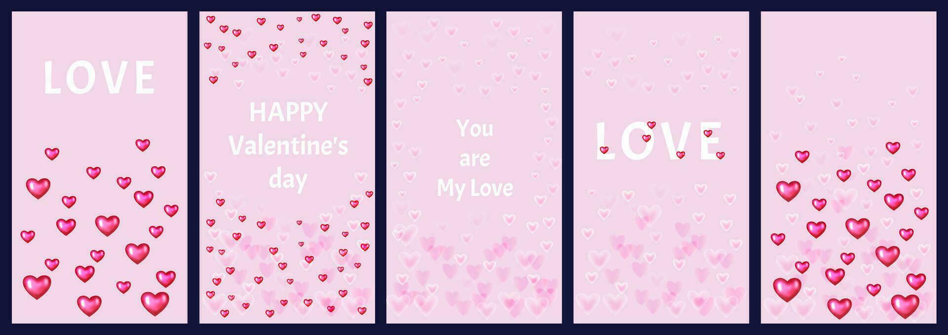 Collage bright simple stories templates. Set Happy Valentines day, love, you are my love. Set of festive vector illustration templates with bright hearts. Graphics suitable for use for banner