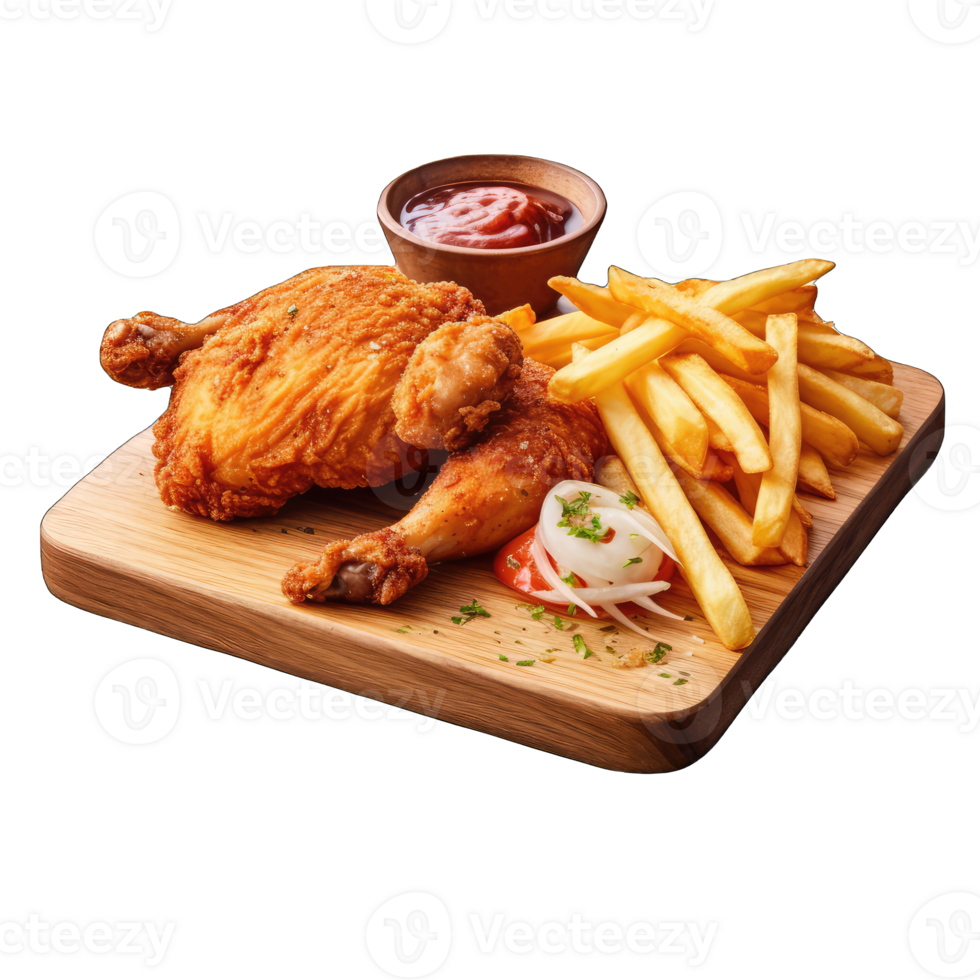 AI generated Fried chicken with french fries on wooden table isolated on a transparent background png