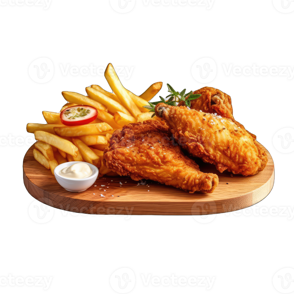 AI generated Fried chicken with french fries on wooden table isolated on a transparent background png