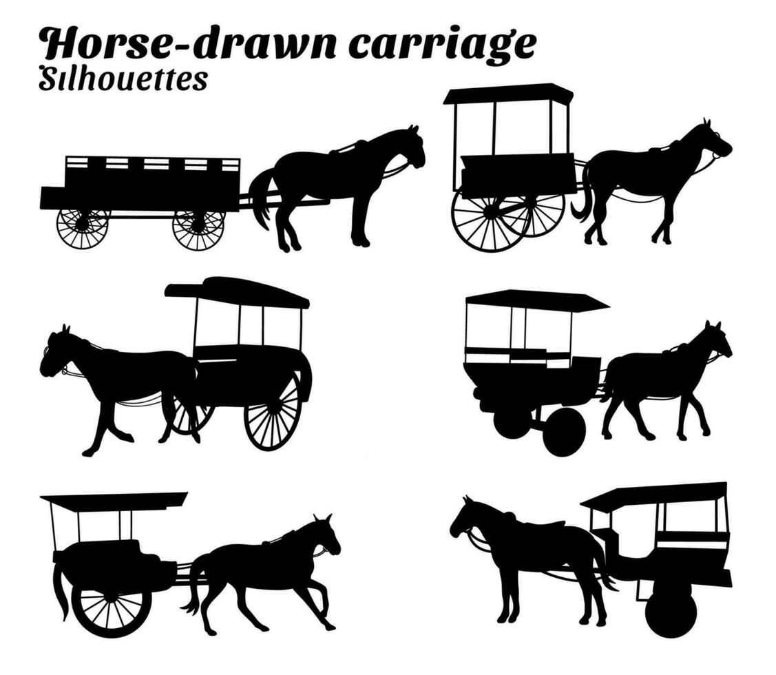 Collection of illustrations of silhouettes of horse-drawn carriage. vector
