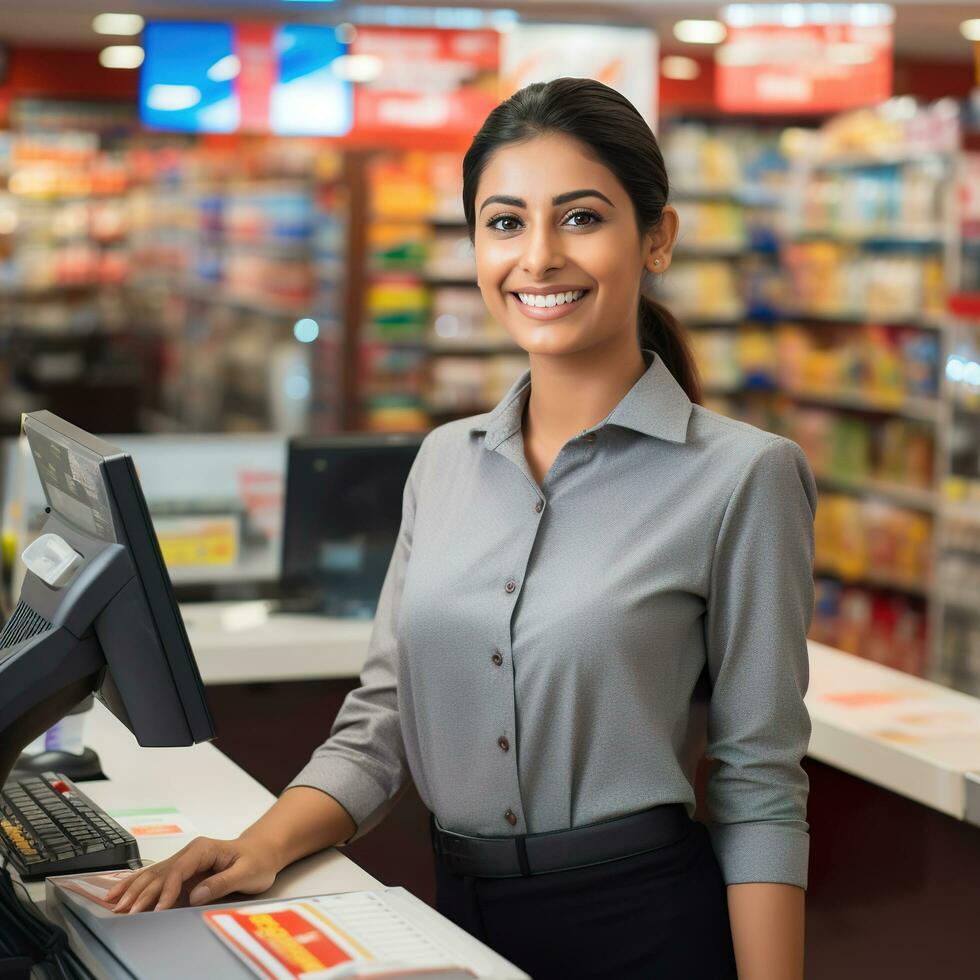 ai generado indio ventas niña con tienda antecedentes foto