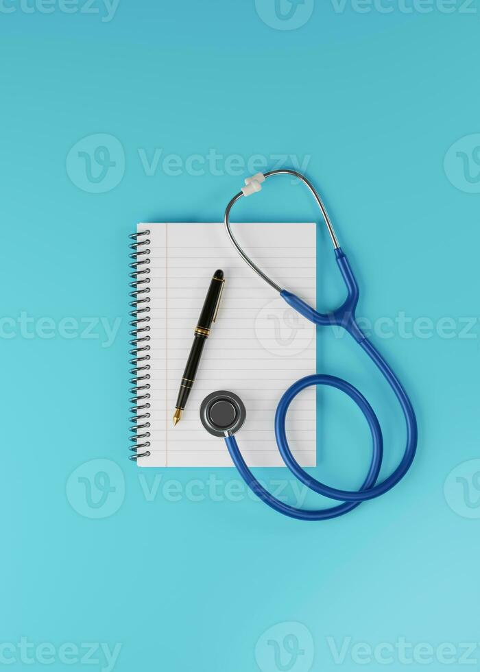 Top view of a open notebook with pen and Medical stethoscope on a blue background with copy space. 3D render illustrations. photo