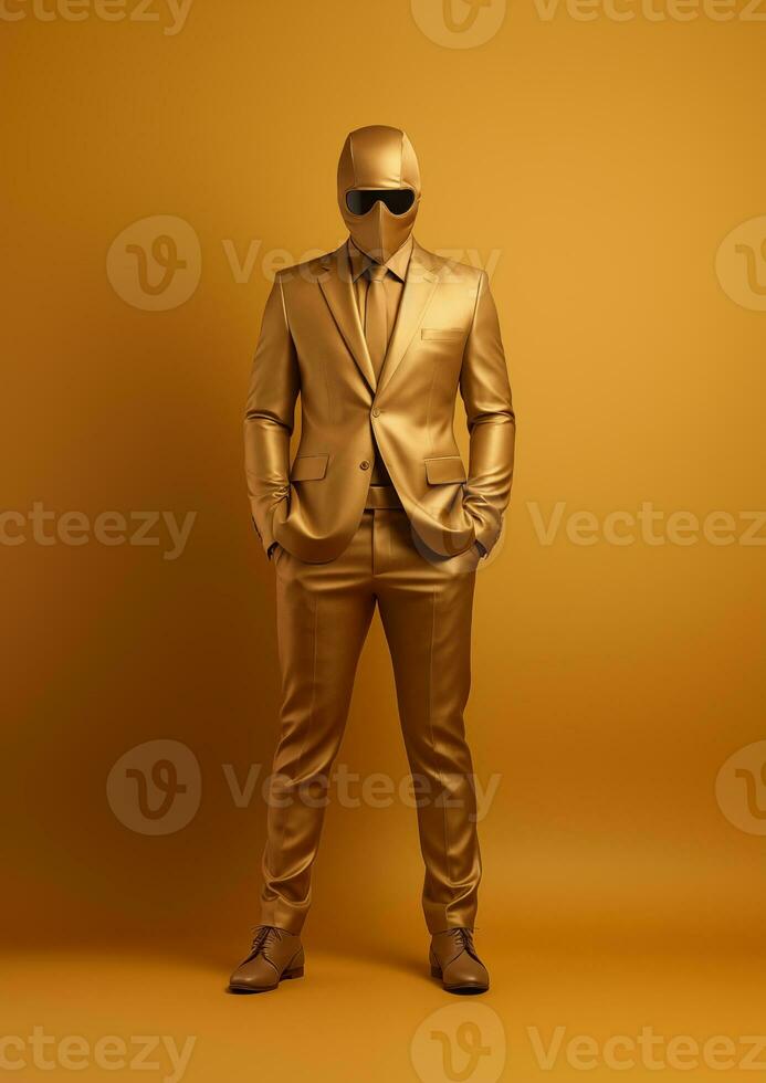 AI generated man wearing a golden suit and a mask on isolated golden background photo