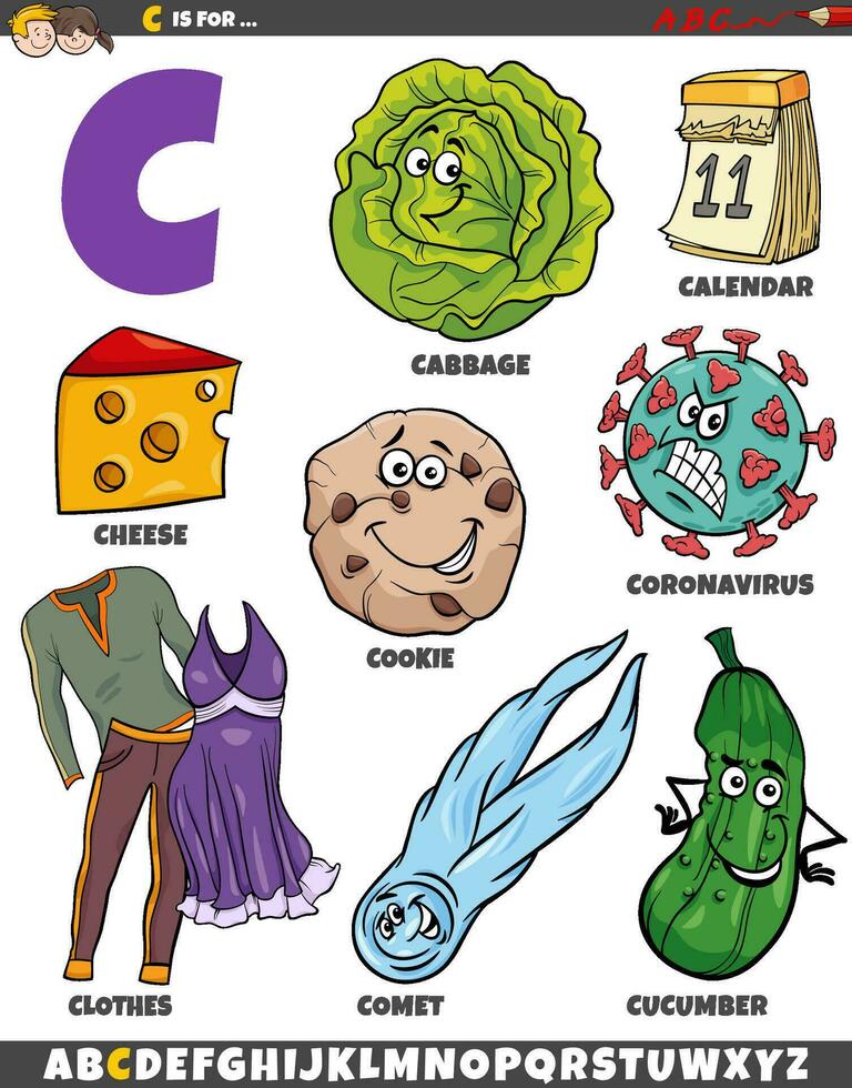Letter C set with cartoon objects and characters vector